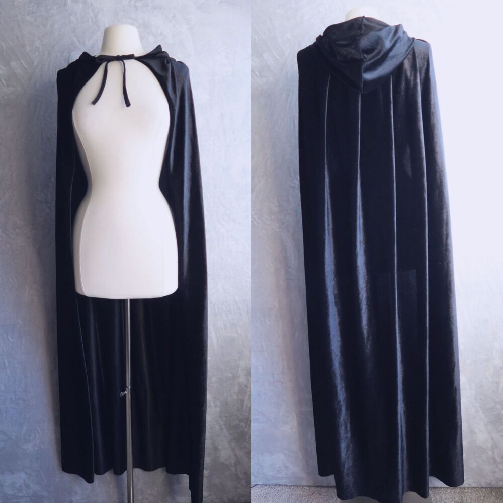 Long Black Hooded Velvet Cape 59" Neck Tie Polyester Pleated Halloween Vampire